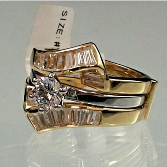 Silver Gold Wedding Band Ring set Cubic Zirconia Size 10 - Picture 3 of 9